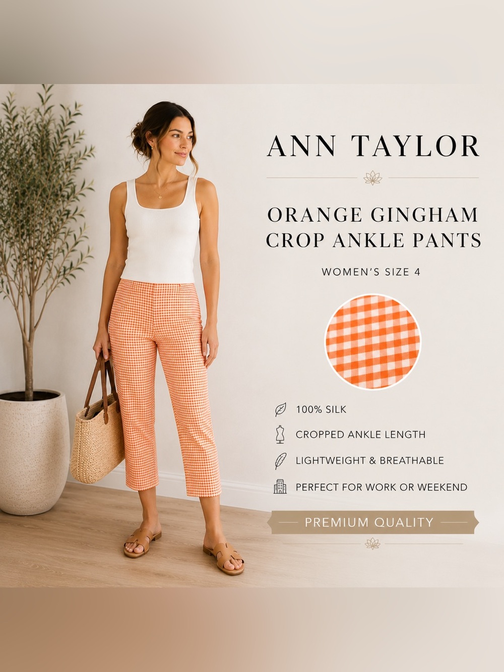 Ann Taylor Orange Gingham Silk Crop Ankle Pants Women’s Size 4
